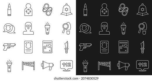 Set line Telephone call 112, Military knife, Footsteps, Handcuffs, Thief mask, Police badge, Bullet and Flashlight icon. Vector