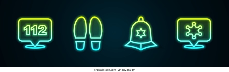 Set line Telephone call 112, Footsteps, British police helmet and Hexagram sheriff. Glowing neon icon. Vector