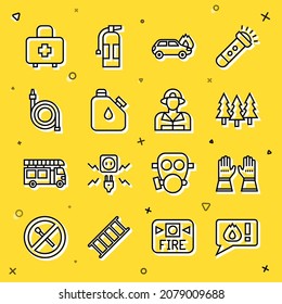 Set line Telephone call 911, Firefighter gloves, Forest, Burning car, Canister fuel, hose reel, First aid kit and  icon. Vector
