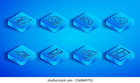 Set line Telephone call 911, Fire protection shield, No fire, truck, flame in triangle, Walkie talkie and Evacuation plan icon. Vector