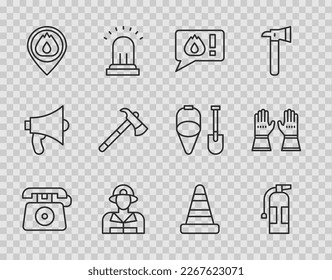 Set line Telephone call 911, Fire extinguisher, Firefighter, Location with fire flame, axe, Traffic cone and gloves icon. Vector