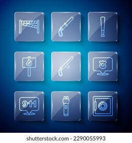 Set line Telephone call 911, Police electric shocker, Safe, Baseball bat, rubber baton, Protest, Crime scene and badge icon. Vector