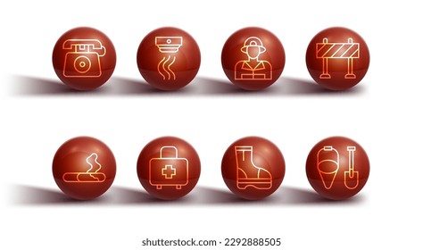 Set line Telephone call 911, Cigarette, Road barrier, Fire boots, First aid kit, Smoke alarm system, shovel and bucket and Firefighter icon. Vector