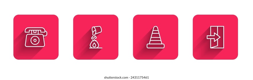 Línea fija Llamada telefónica 911, Cubo de extinción de incendios, Cono de tráfico y salida de incendios con sombra larga. Botón cuadrado rojo. Vector