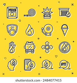 Set line Telephone call 911, No fire, Fire cone bucket, Flasher siren, flame, Gas mask, alarm system and Ringing bell icon. Vector