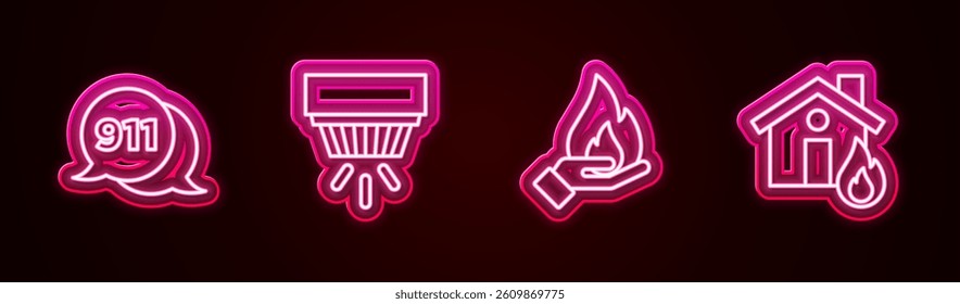 Set line Telephone call 911, Smoke alarm system, Hand holding fire and Fire burning house. Glowing neon icon. Vector