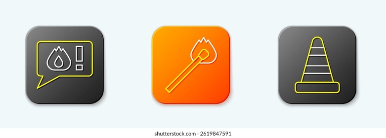 Set line Telephone call 911, Burning match with fire and Traffic cone icon. Vector