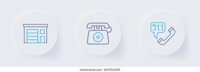 Set line Telephone call 911,  and Building of fire station icon. Vector