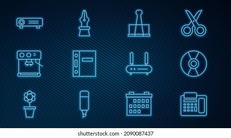 Set line Telephone, CD or DVD disk, Binder clip, Office folders, Coffee machine, Movie, film, media projector, Router and wi-fi signal and Fountain pen nib icon. Vector