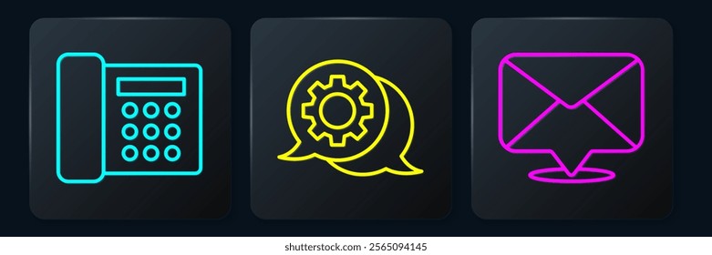 Set line Telephone, Envelope and Speech bubble chat. Black square button. Vector