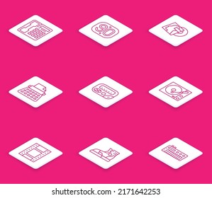 Set line Telephone handset, 90s Retro, Vinyl disk, typewriter, Pager, player, Play Video and Sport sneakers icon. Vector