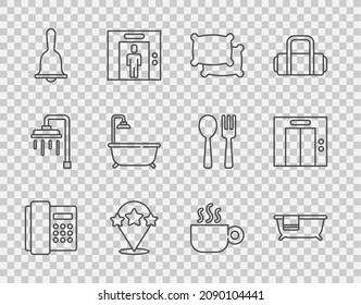 Set line Telephone handset, Bathtub, Pillow, Five stars rating review, Hotel service bell, with shower, Coffee cup and Lift icon. Vector