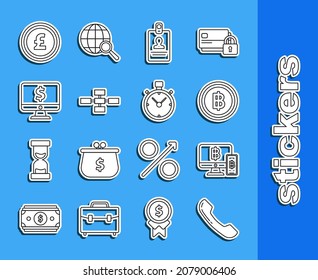 Set line Telephone handset, Cryptocurrency Bitcoin, Identification badge, Business hierarchy organogram chart infographics, dollar symbol, Coin money pound and Stopwatch icon. Vector