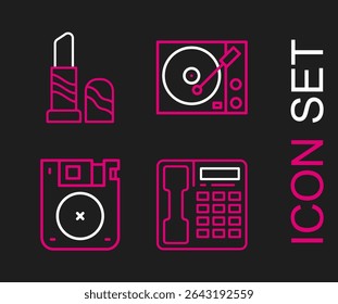 Set line Telephone handset, Floppy disk, Vinyl player and Lipstick icon. Vector