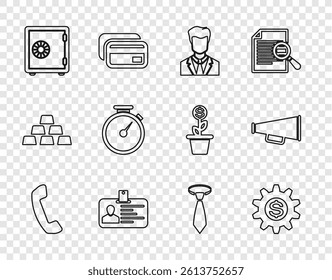 Set line Telephone handset, Gear with dollar symbol, User of man in business suit, Identification badge, Safe, Stopwatch, Tie and Megaphone icon. Vector