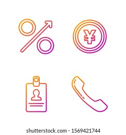 Set line Telephone handset, Identification badge, Percent up arrow and Coin money with Yen symbol. Gradient color icons. Vector