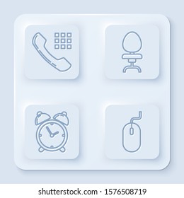 Set line Telephone handset, Office chair, Alarm clock and Computer mouse. White square button. Vector