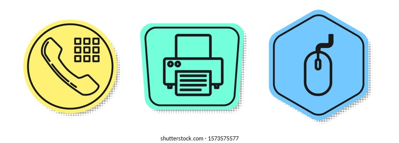 Set line Telephone handset, Printer and Computer mouse. Colored shapes. Vector