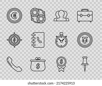 Fijar el teléfono de línea, el pin Push, el grupo Usuarios, la cartera con el símbolo del dólar, el euro de moneda, la libreta de direcciones, la recompensa por el buen trabajo y el icono Yen. Vector