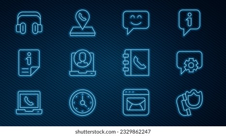 Set line Telephone handset with shield, 24 hours support, Smile face, Information, Headphones, Phone book and Call center location icon. Vector