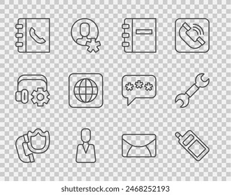 Set line Telephone handset with shield, Mobile, Notebook, Employee, Phone, Worldwide, Mail e-mail and Wrench spanner icon. Vector