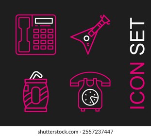 Set line Telephone handset, Soda can with straw, Electric bass guitar and  icon. Vector