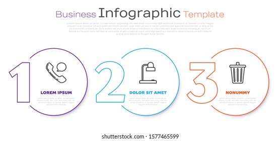 Set line Telephone handset and speech bubble chat, Table lamp and Trash can. Business infographic template. Vector