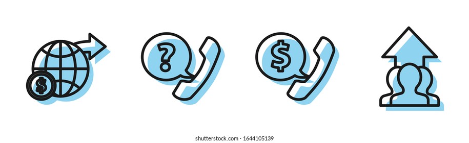 Set line Telephone handset and speech bubble chat, Earth globe with dollar, Telephone handset and speech bubble chat and Growth chart and progress in people crowd icon. Vector