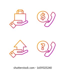 Set line Telephone handset and speech bubble chat, Money on hand, Hand and paper shopping bag and Telephone handset and speech bubble chat. Gradient color icons. Vector