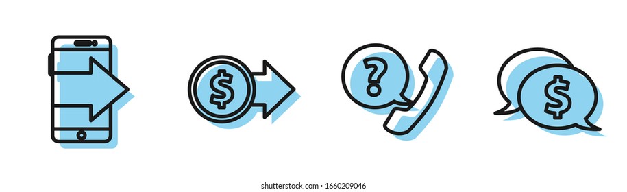 Set line Telephone handset and speech bubble chat, Smartphone, mobile phone, Coin money with dollar symbol and Speech bubble with dollar icon. Vector