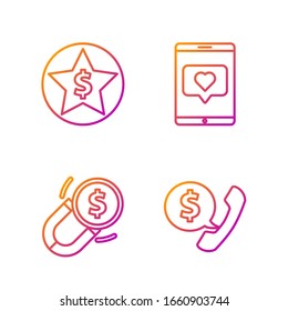 Set-line Telefon-Handy-und Rede-Blase-Chat, Magnet mit Geld, Star und Dollar und Handy und wie mit Herz. Farbsymbole. Vektorillustration