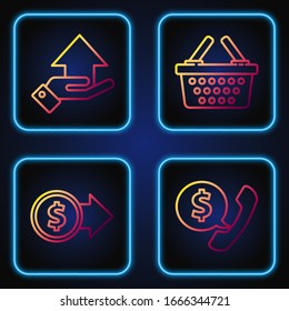 Set line Telephone handset and speech bubble chat, Coin money with dollar symbol, Money on hand and Shopping basket. Gradient color icons. Vector