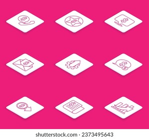 Set line Telephone handset and speech bubble chat, Star dollar, Speech with, Envelope coin, Arrow growth gear business, Coin money symbol and Financial news icon. Vector
