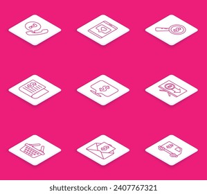 Set line Telephone handset and speech bubble chat, Mobile like with heart, Magnifying glass dollar, Financial news, Speech, Monitor, Shopping basket and Envelope coin icon. Vector