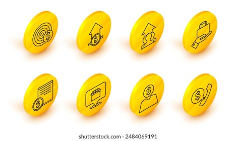 Set line Telephone handset and speech bubble chat, Paper check financial check, Hand paper bag, Growth chart progress people crowd, Financial growth coin and Target with dollar symbol icon. Vector