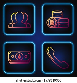 Set line Telephone handset, Stacks paper money cash, Users group and Cryptocurrency coin Bitcoin. Gradient color icons. Vector