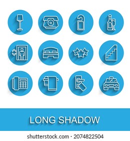 Set line Telephone handset, Towel hanger, Table lamp, Digital door lock, Taxi car, Hotel room bed, Stairs and Stars rating icon. Vector