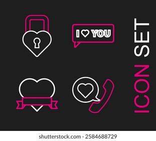 Set line Telephone with heart speech bubble, Heart and ribbon, Speech I love you and Castle in the shape of icon. Vector