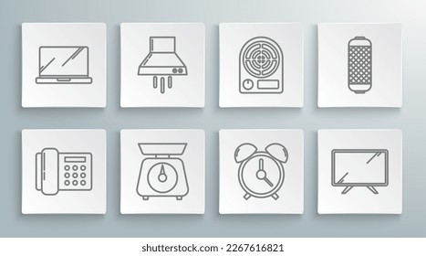 Teléfono de línea, ventilador de extractor de cocina, Escalas, reloj de alarma, Tv inteligente, calentador eléctrico, altavoz estéreo e icono de portátil. Vector