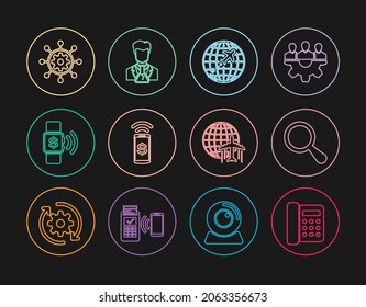Set line Telephone, Magnifying glass, Globe with flying plane, Contactless payment, Project management,  and Scientist and test tube icon. Vector