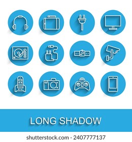 Set line Telephone, Photo camera, Headphones, Wireless gamepad, Smartphone, mobile, Charger, Security and Smartwatch icon. Vector
