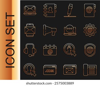 Set line Telephone, Shield with mail and e-mail, Mail, Pencil eraser, Megaphone, Mobile envelope, Laptop and Chat messages notification laptop icon. Vector