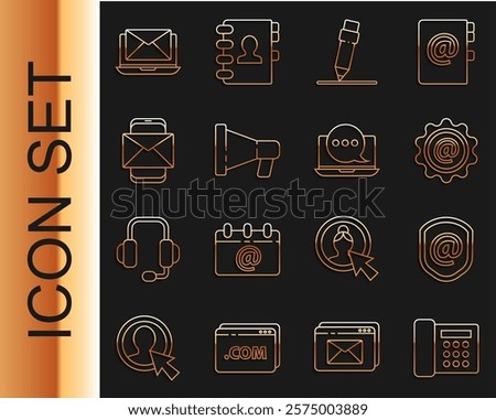 Set line Telephone, Shield with mail and e-mail, Mail, Pencil eraser, Megaphone, Mobile envelope, Laptop and Chat messages notification laptop icon. Vector