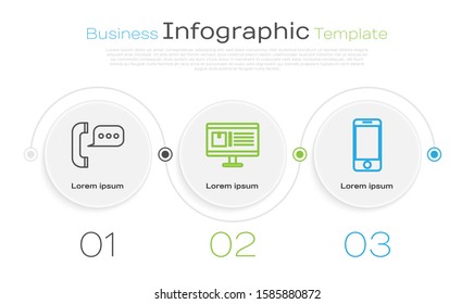 Set line Telephone with speech bubble chat , Computer monitor with app delivery tracking  and Mobile phone with app delivery tracking. Business infographic template. Vector
