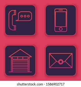 Set line Telephone with speech bubble chat , Closed warehouse , Mobile phone with app delivery tracking and Envelope . Blue square button. Vector