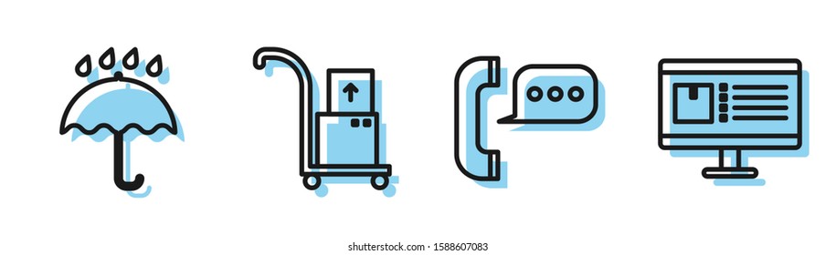 Set line Telephone with speech bubble chat , Umbrella and rain drops , Hand truck and boxes  and Computer monitor with app delivery tracking  icon. Vector