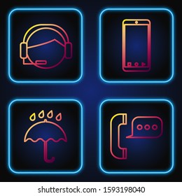 Set line Telephone with speech bubble chat , Umbrella and rain drops , Support operator in touch and Mobile phone with app delivery tracking. Gradient color icons. Vector