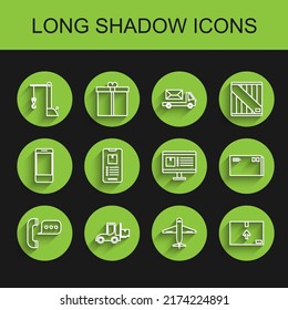Set line Telephone with speech bubble chat, Forklift truck, Harbor port crane, Plane, Cardboard box traffic symbol, Mobile app delivery tracking, Envelope and Computer monitor icon. Vector