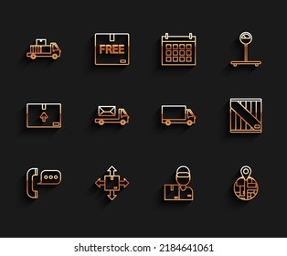 Set-Line-Telefon mit Sprechblase-Chat, Pappkasten-Verkehrssymbol, LKW-Pappschachtel, Mann, Post, Holz und LKW-Symbol. Vektorgrafik