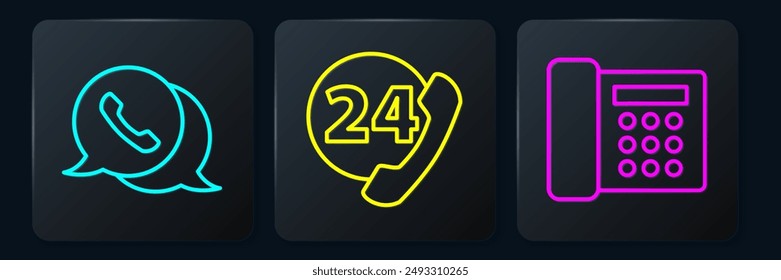 Teléfono con chat de burbujas de voz, teléfono y teléfono 24 horas de Asistencia. Botón cuadrado negro. Vector